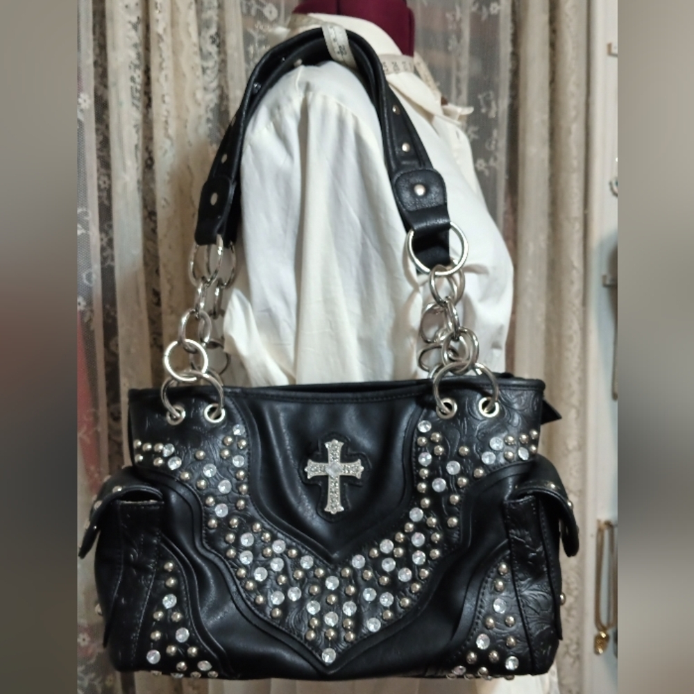 Concealed weapon Black studded shoulder handbag slightly used